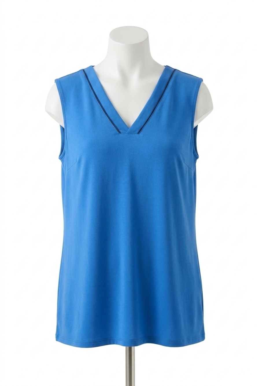 NEW JOSEPH RIBKOFF rayon jersey sleeveless straight top with sheer trim in blue